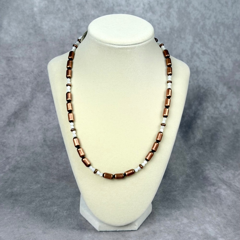 Mother of Pearl & Copper Barrel Bead Necklace Bronze Tone New 18"